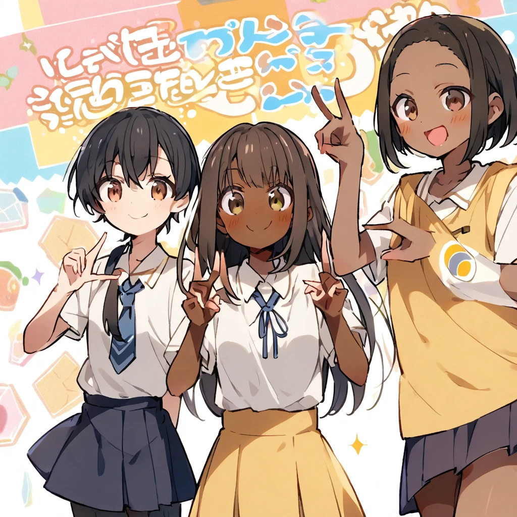 A confident smile, I was walking home from school with two friends.,短いBlack Hair, Brown eyes,Brown Skin,two students demonstrating a gesture commonly associated with a peace sign while speaking by teleコンビニ前, skirt, Black Hair, Drinking a drink, White shirt, ((((complete fiでe fingers))))