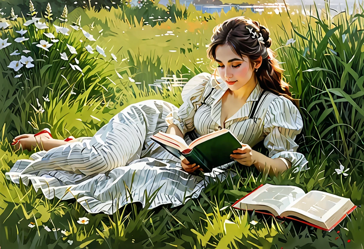 masterpiece, a beautiful girl lies on her stomach on the lawn and reads a book, painting in the style of Anders Zorn, Alexi Brilo, Luisa Royo, Studio Ghibli Genshin Impact