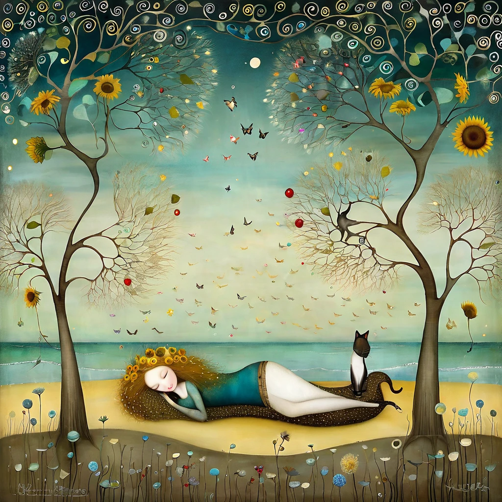 style inspired by Klimt, Nicoletta Ceccoli, Catrin Welz-Stein, Didier Lourenço, and Leonora Carrington. In the seascape of a beach, with dunes, grass, a large tree with many large branches moving in every direction. On the branches are cats, with long necks and tails and many colors, sleeping. sunflower and dandelion flowers. style inspired by Klimt, Nicoletta Ceccoli, Catrin Welz-Stein, Didier Lourenço, and Leonora Carrington. In the seascape of a beach, with dunes, grass, a large tree with many large branches moving in every direction. On the branches are cats, with long necks and tails and many colors, sleeping. sunflower and dandelion flowers.

