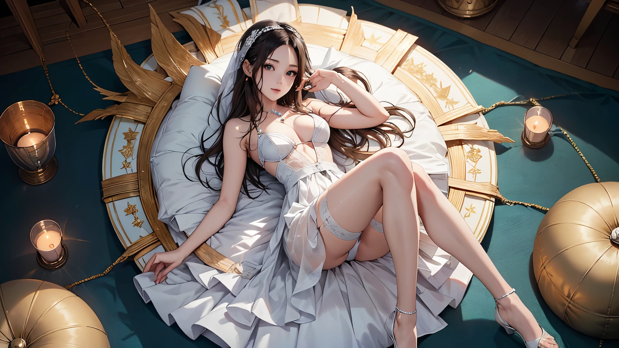 ((Biologically correct limb count))、((Full Body Shot, Full-body photo including face、Head to toe photos))、4K、masterpiece、((Focus on the face))、((Symmetrical facial features))、Eyes of meticulous depiction、One beautiful woman、Excellent style、((Panties and bras、White garter stockings、High heels、Tight dress))、Detailed Description、Small earrings、necklace、High angle、Looking up、Unbuttoning a Wedding Dress