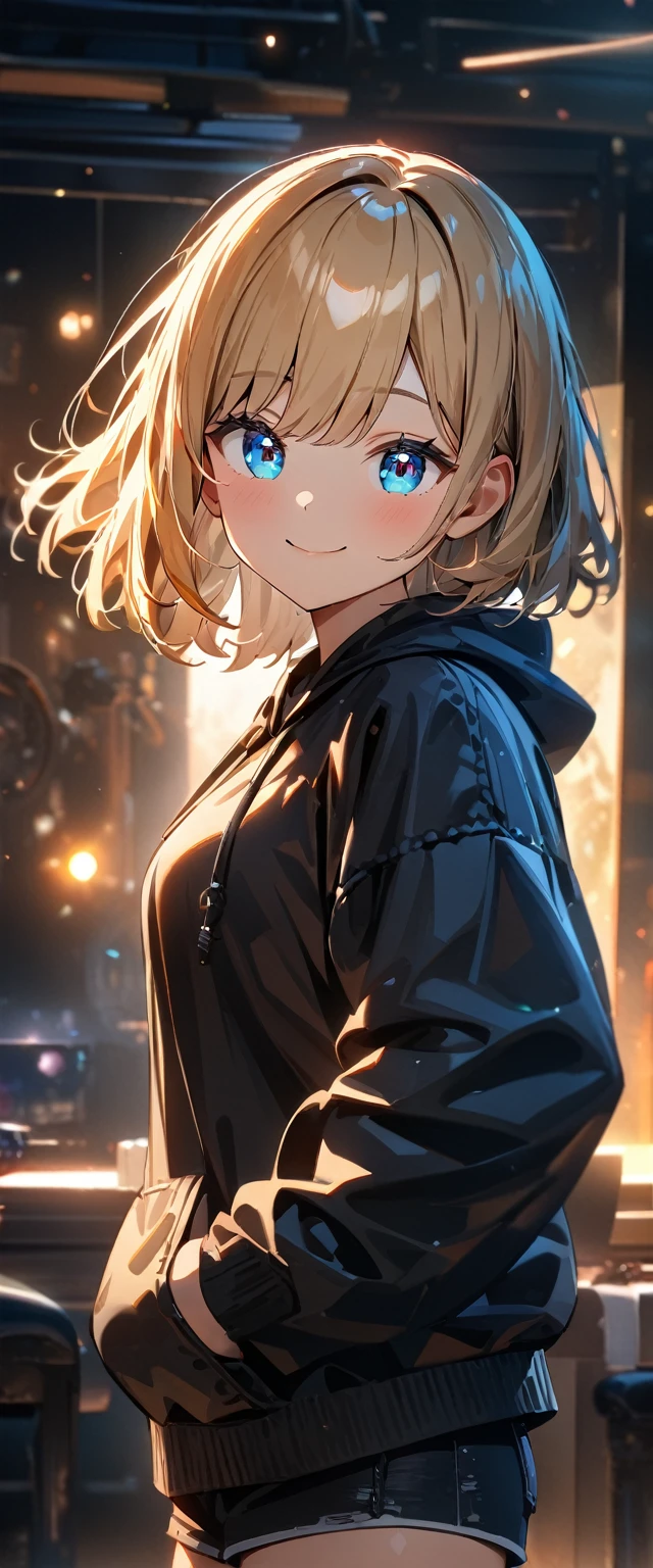 (((One girl))), blond hair, bob cut, (upper body), (looking at viewer), breasts, teenager, head tilt:1.3, (((blue eye))), (from side), hand in pocket, ((happy smile)), black hoodie, black shorts, anime style, (best quality, 4k, 8k, highres, masterpiece:1.2, ultra-detailed, ultra-detailed eyes, HDR, UHD, studio lighting, ultra-fine painting, sharp focus, physically-based rendering, extreme detail description, professional, vivid colors, bokeh)