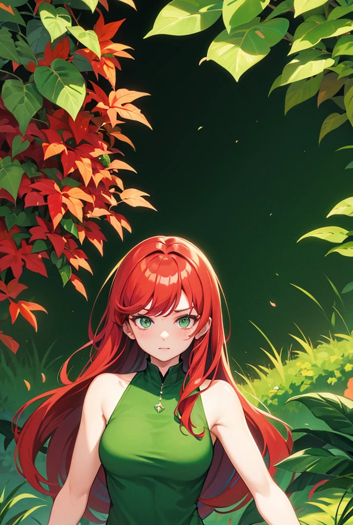 Woman with red hair, green eyes, Green plants everywhere, green plants Background, green outfit