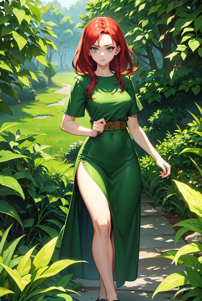 Woman with red hair, green eyes, Green plants everywhere, green plants Background, green outfit