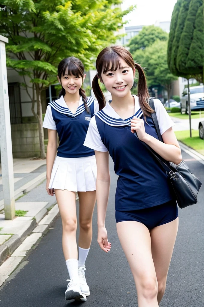 girls walking in sunny Japanese school street,navy blue school swimsuit or sailor suit,student bag,18-year-old,bangs,a little smile,thighs,knees,short hair with low pigtails bunches,from before,front light