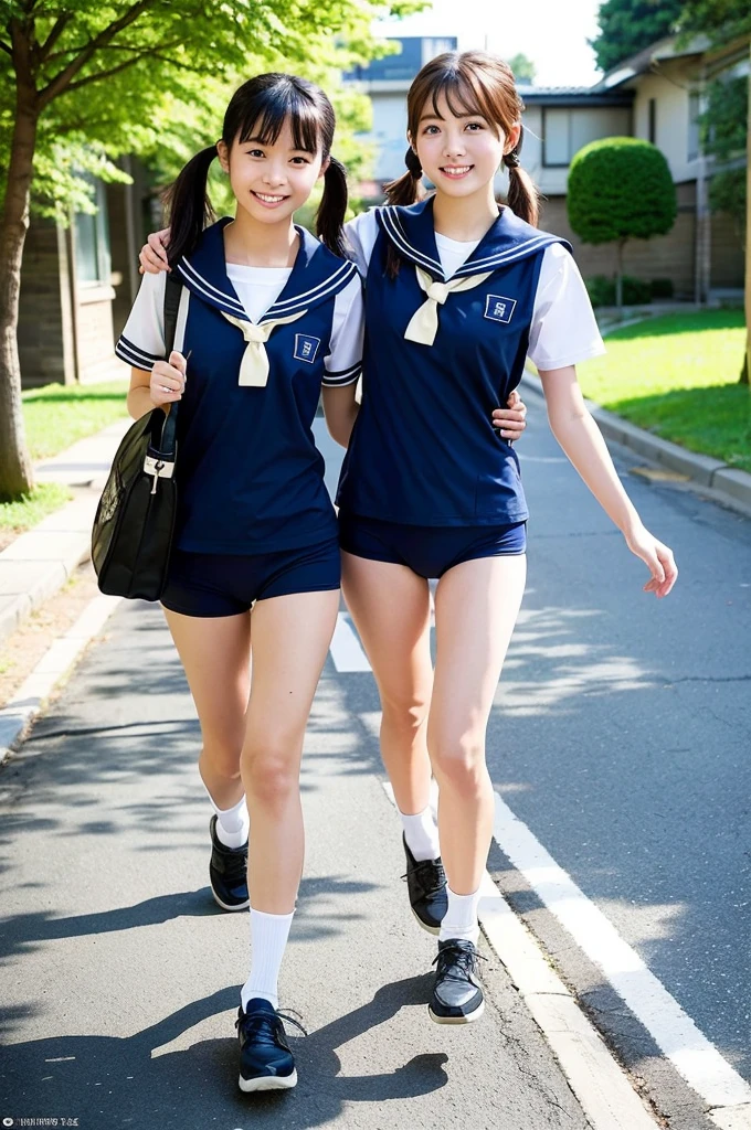 girls walking in sunny Japanese school street,navy blue school swimsuit or sailor suit,student bag,18-year-old,bangs,a little smile,thighs,knees,short hair with low pigtails bunches,from before,front light