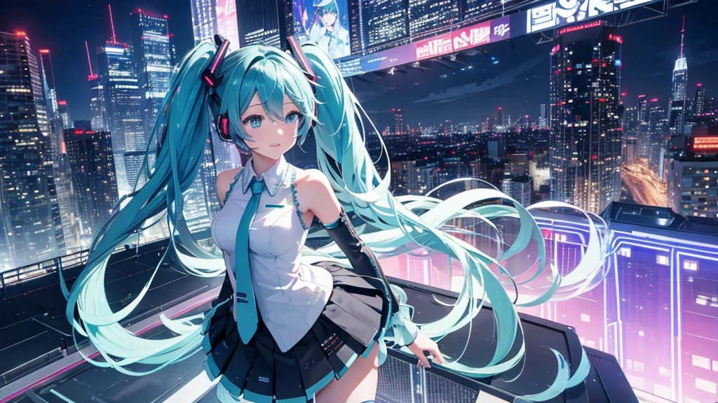 This painting depicts a scene from a city rooftop dance event featuring Hatsune Miku.。With the night view in the background、She performs energetically on the rooftop。The stage lights illuminated her futuristic outfit.、It blends in with the lights of the surrounding buildings.