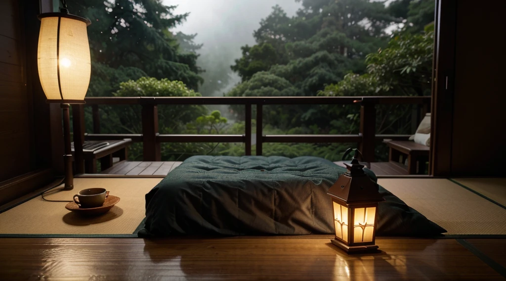 Beyond the bottom bed of the screen,the view outside the door is full of screens, and on the front, a cozy bed is close-up on the side. Outdoor scenery that occupies the entire screen A small wooden table under the bed holds a glowing lamp. The warm light contrasts with the cool colors outside.japan , ultra detailed bedroom, There are pots on the table, adding a little green color. It's an outdoor wooden boat wet, heavy fog, wet, deep forest, Beyond the fully open balcony, you can see traditional Japanese houses through dense leaves. Their silhouettes are gently illuminated by the ambient light. Dark and cloudy skies suggest evening or cloudy days. prodigious amounts of information, realistic, HD, clear, high resolution, ultra wide shot, depth of field, bokeh, cinematic atmosphere., Macro photography, close-up, hyper detailed, trending on artstation, sharp focus, studio photo, intricate details, highly detailed, modern japanese bedroom, small rivers,