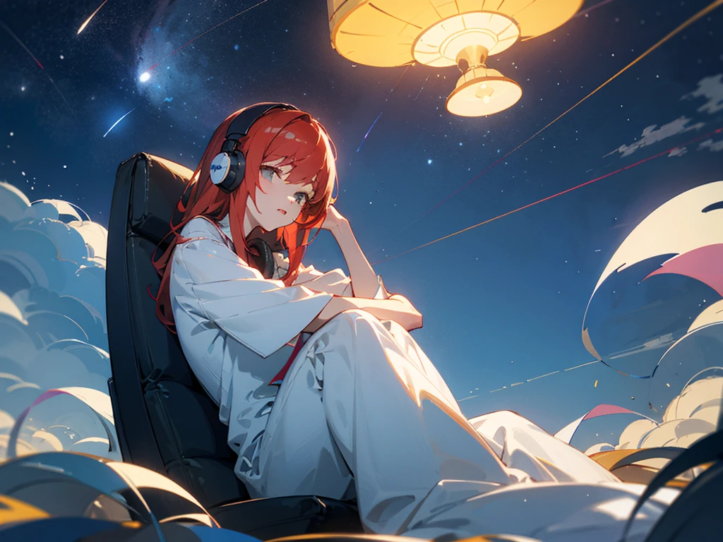 Redhead woman sitting and relaxing while listening to headphones、28 years old、night、Starry Sky
