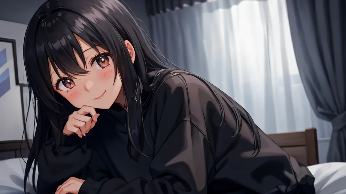 "In a dark room illuminated only by the moonlight, an anime girl in an oversized black sweatshirt. The room is nearly dark, with the moonlight giving a gentle glow to her figure. Her sleeves are long, and only a small part of her fingers is visible, making her look cute. She has long black hair and a shy, bashful smile, looking at the viewer."