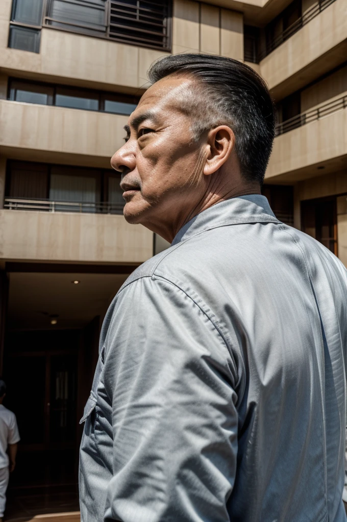 Back photo, There is only one middle-aged man in the photo,major,credibly,of Taiwanese,Used to make profile pictures, Outside the high-rise mansion, Cartoon style photos