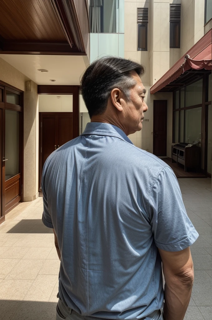 Back photo, There is only one middle-aged man in the photo，major，credibly，of Taiwanese，Used to make profile pictures, Outside the high-rise mansion, Cartoon style photos