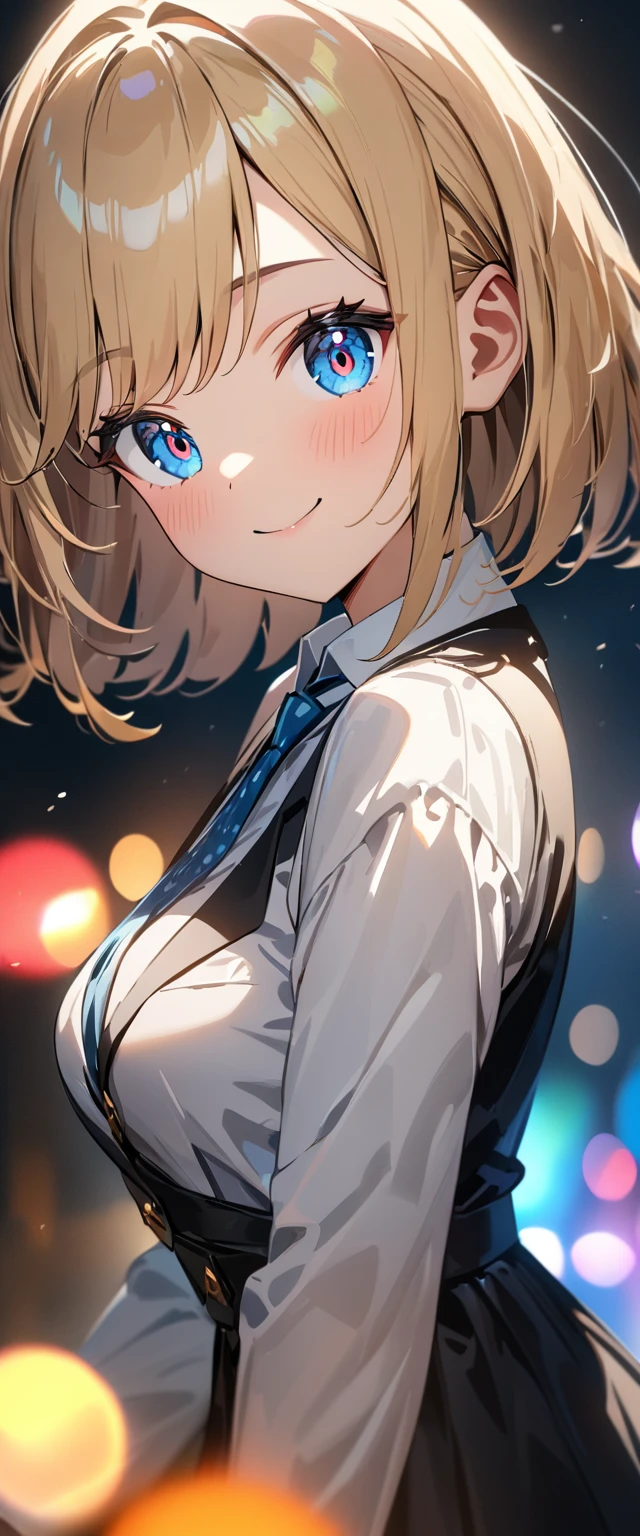 (((One girl))), blond hair, bob cut, (upper body), (looking at viewer), breasts, teenager, head tilt:1.3, (((blue eye))), (from side), ((happy smile)), white shirt, tie, black blazer, black skirt, anime style, (best quality, 4k, 8k, highres, masterpiece:1.2, ultra-detailed, ultra-detailed eyes, HDR, UHD, studio lighting, ultra-fine painting, sharp focus, physically-based rendering, extreme detail description, professional, vivid colors, bokeh)