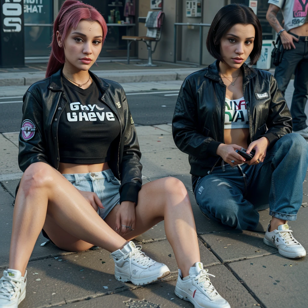 there is a woman sitting on the ground with a cell phone, gta character, as a character from gtav, gta v street style, ariana grande in gta v, gta5 style, gta 5 skin tone, gta v character, style of gta v, grand theft auto style, gta v style, as the protagonist of gta 5, gta 6 style, in gta v