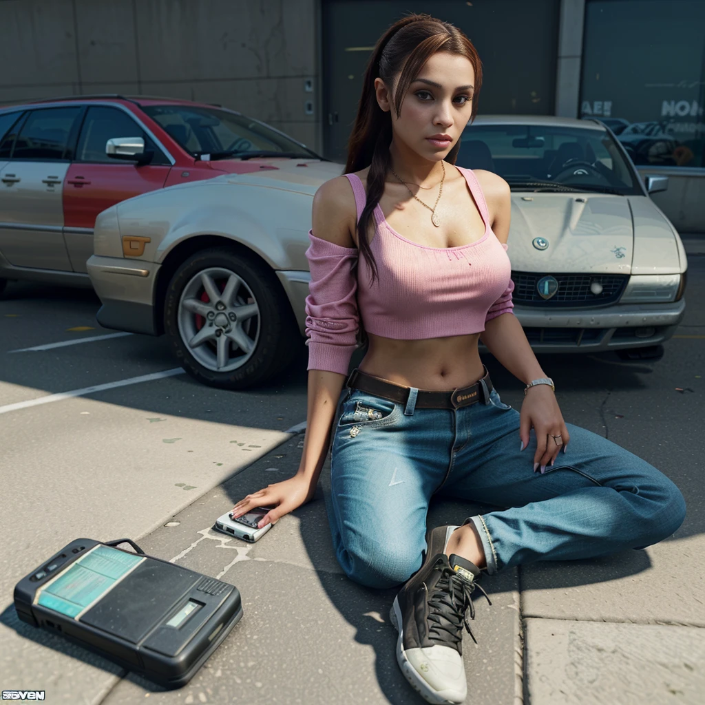 there is a woman sitting on the ground with a cell phone, gta character, as a character from gtav, gta v street style, ariana grande in gta v, gta5 style, gta 5 skin tone, gta v character, style of gta v, grand theft auto style, gta v style, as the protagonist of gta 5, gta 6 style, in gta v