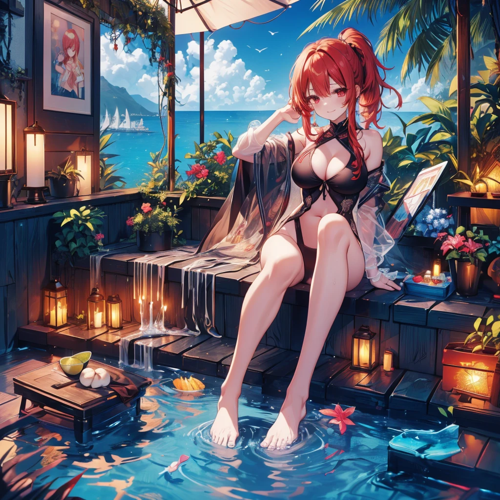 Parasol, food, basket, flip flops, vinyl sheet, Beaches and sands, Calm expression, Perfect hands, elder, Red Hair, The dignity of a 50-year-old, 落ち着きのあるwoman, solo、(Highly detailed background:1.0)、(Highly detailed background:1.0)、masterpiece、Highest quality、(Babes)、Fractal Art、Red eyes、Narrow eyes、Sexy black and red swimsuit, Reddish cheeks、Tropical Sea、From the shoulders up、Recall、smile、One Woman、Three-dimensional clouds、Venice beach, Red long ponytail, Red eyes,スタイリッシュなアクセサリーsolo, Big Breasts, woman, Take-out, Provocative laughter,40 year old woman,Queen of Sadism, Highly detailed background, Great writing style, Sit with both hands outstretched, Splash, Diffuse reflection of light, Perfect Human Medicine, Water breathing, Bare Skin, barefoot, Sweat,