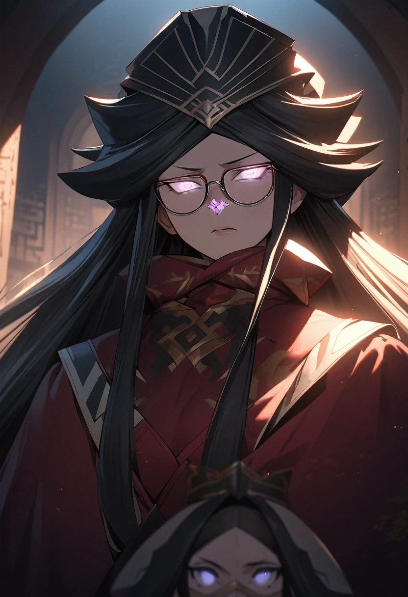 ((((Tusqueme maestra, de la mejor calidad, ultrahigh resolution)))), 1boy, standing, (black hair, long, black hair frame ), long hair, ((gray eyes)), ((glowing_eyes)), (((ultra detailed face, detailed eyes:0.8))), ((centered)), (close up), facing viewer, (((dark, dense forest, sadness:0.8))), narrow chest, looking at viewer, Montessori envelope containing a small Nyboby shadow puppet, ((hands hidden in Robe's folds)), thoughtful expression, beautiful lighting, deep shadow, intimate indoor setting, (((dramatic blocking, innovative composition, profound emotion))), Brigette age, (glasses rest on nose tip), (((cogitating, deep in thought))), softly lit, ((mysterious)), (((native Japanese aesthetics, Shino pottery)))
