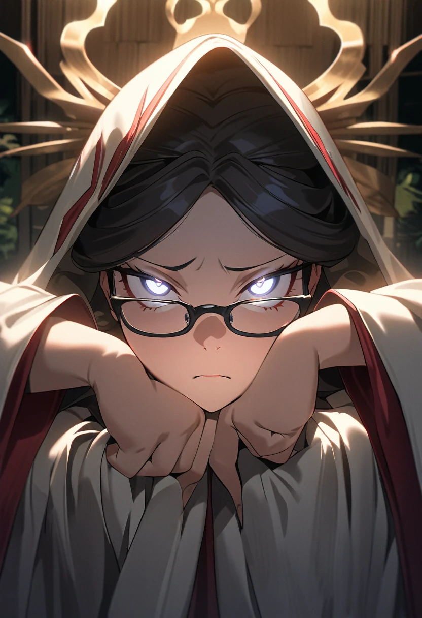 ((((Tusqueme maestra, de la mejor calidad, ultrahigh resolution)))), 1boy, standing, (black hair, long, black hair frame ), long hair, ((gray eyes)), ((glowing_eyes)), (((ultra detailed face, detailed eyes:0.8))), ((centered)), (close up), facing viewer, (((dark, dense forest, sadness:0.8))), narrow chest, looking at viewer, Montessori envelope containing a small Nyboby shadow puppet, ((hands hidden in Robe's folds)), thoughtful expression, beautiful lighting, deep shadow, intimate indoor setting, (((dramatic blocking, innovative composition, profound emotion))), Brigette age, (glasses rest on nose tip), (((cogitating, deep in thought))), softly lit, ((mysterious)), (((native Japanese aesthetics, Shino pottery)))