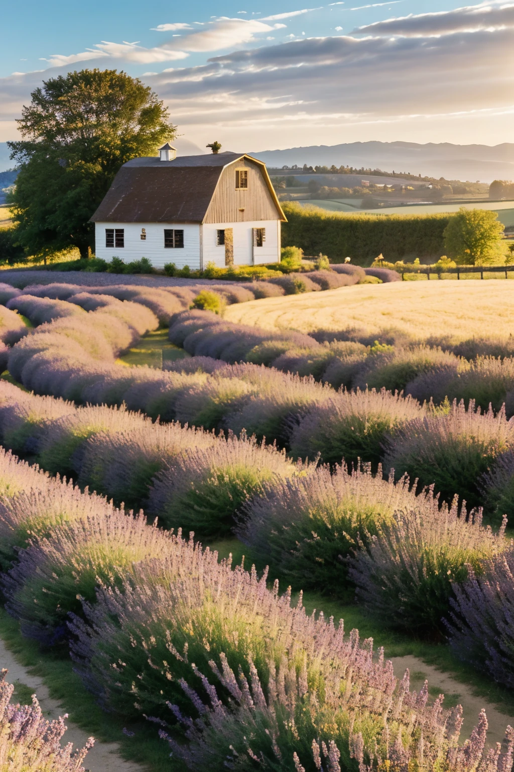 ((best quality)), ((masterpiece)), (detailed)
friends run back
fragrant lavender
sunny skies
rustic barns
bees buzzing
golden light
picturesque landscape
tranquil and aromatic
summer breeze
timeless beauty