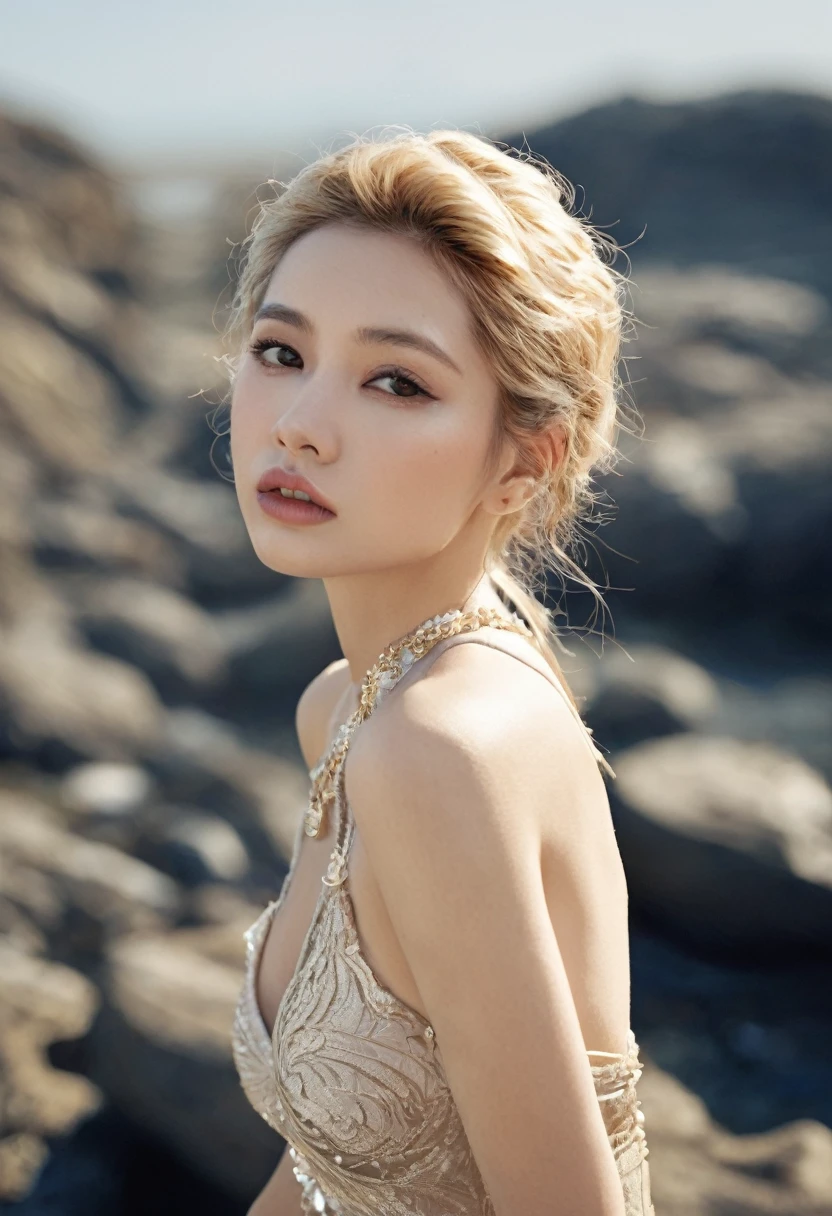 ( high quality , Very detailed, look at your hands )Zodiac sign - Gemini Goddess , Similar to Latin goodness , Twin Goddesses , Curious, Skillful, Humorous, attractive, Imaginative faces , Sometimes unrealistic, Restless, Nervous, Careless style , Light brown eyes , Light blonde hair ,((( Nude 1.6))) , See-through、in the windy sea , whole body , Sexy Makeup ,(((kissing pose 1.5)))