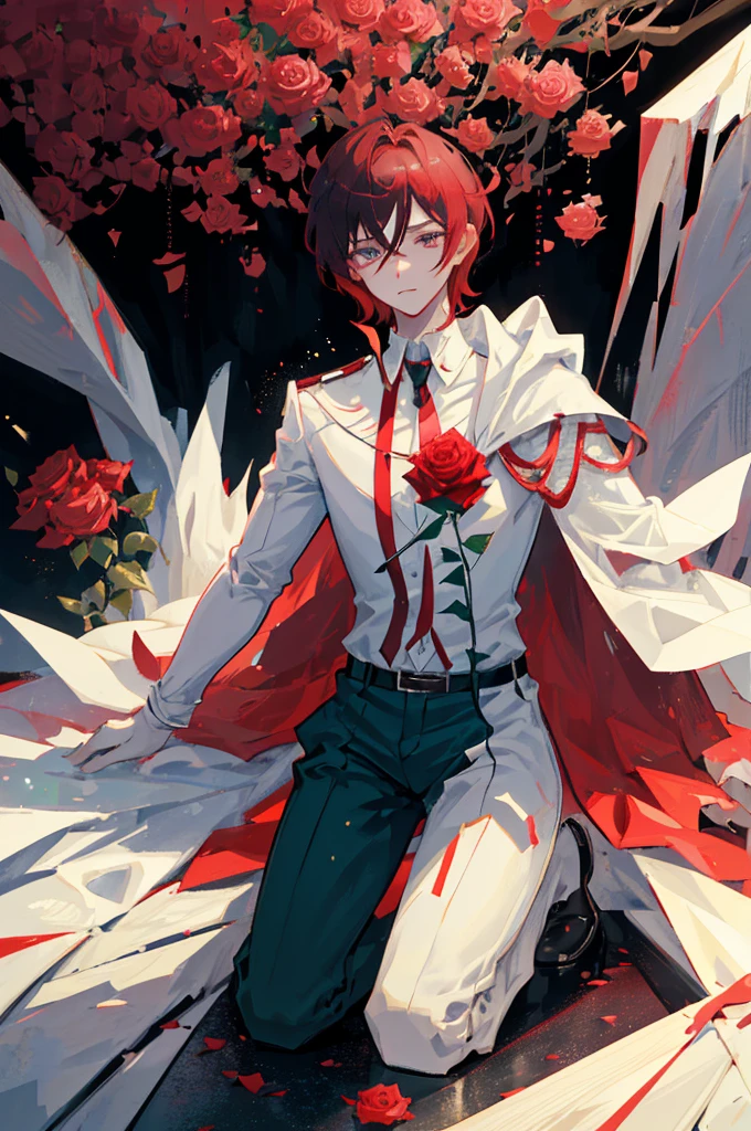 A 26-year-old man, elegant short dark red hair and emerald eyes, pale skin, he has a captivated expression, he is a former prince, with a white royal suit, very marked and masculine features, he is attractive but looks arrogant. He is kneeling on one leg offering a rose to nothing. Anime comic style.