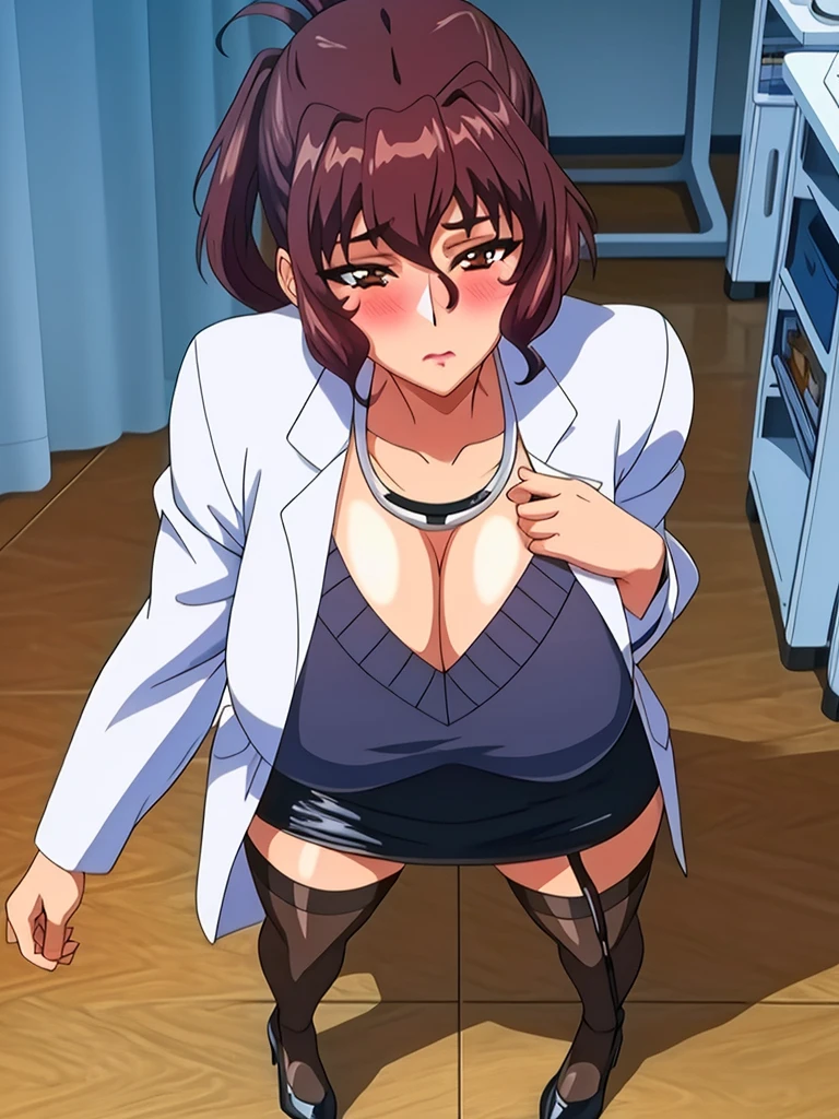 (beautiful hand:1.2), (masterpiece, best quality:1.3), Aiko Katsuragi, mature female, (full body shot:1.05), milf, (curvy:0.9), 1girl, anime face, sitting on chair, doctor, labcoat, stethoscope, short pencil skirt, (thighhighs:1.05), highheels, makeup, large breasts, lipstick, brown eyes, folded ponytail, brown hair, cleavage, perfect body, (athletic body:1.3), perfect eyes, anime eyes, smoky eyeliner, eyeshadow, perfect face, caring face, glance, blush, high sharpness, sharp focus, medical room, professional artwork, intricate details, vivid colors, Diffused lighting, digital blending, ultra detailed body, ultra detail hair, ultra detail face, trending on pixiv