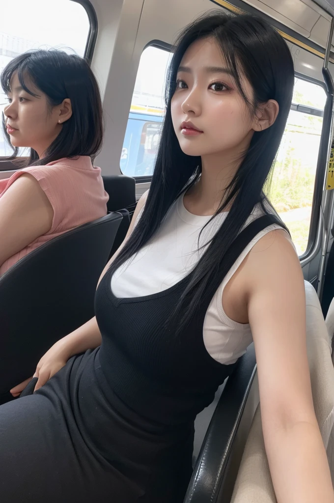 adult plump woman,dark black hair,27 years old,make up,(fair skin,thick upperarms:1.4),close up,at train,crewneck white shirt,from side, sleeveless