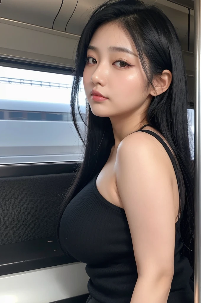 adult plump woman,dark black hair,27 years old,make up,(fair skin,thick upperarms:1.4),close up,at train,crewneck white shirt,from side, sleeveless