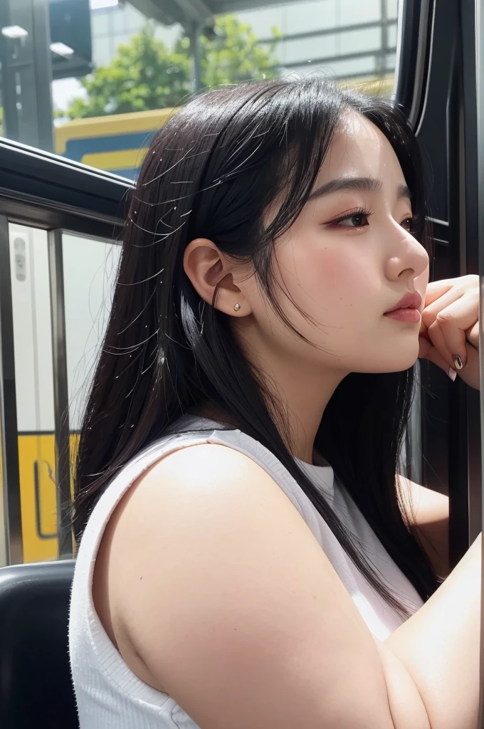 adult plump woman,dark black hair,27 years old,make up,(fair skin,thick upperarms:1.4),close up,at train,crewneck white shirt,from side, sleeveless