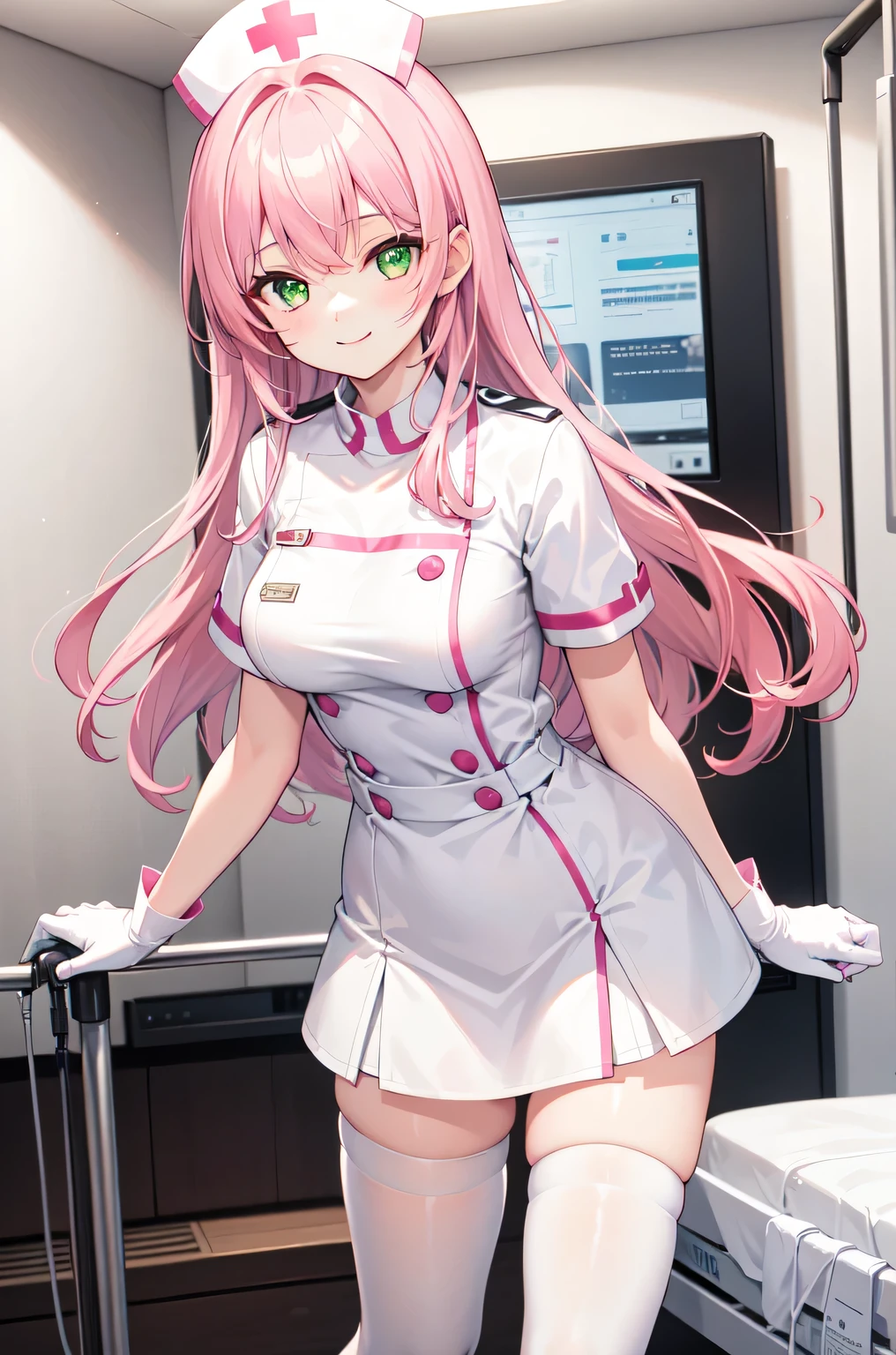 1girl, solo, nurse, white nurse cap, white nurse uniform, ((white legwear, zettai ryouiki)), white gloves, pink hair, green eyes, drooping eyes, smile, standing, ((hospital room)), sharp outline, short sleeves, best quality, masterpiece