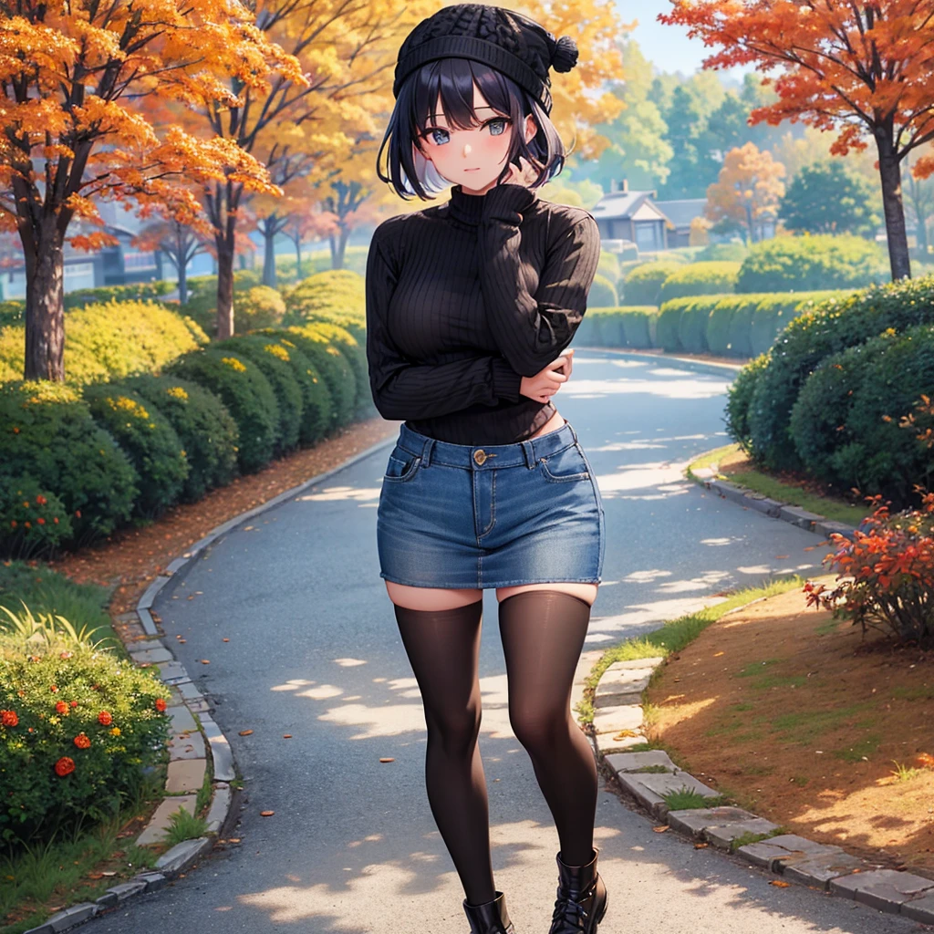 8K high quality,1 pretty girl,Complete limbs,Full Finger,Short Bob,Knitted hat,Knitted sweater,Denim skirt,Small breasts,Autumn park,Hands on black pants