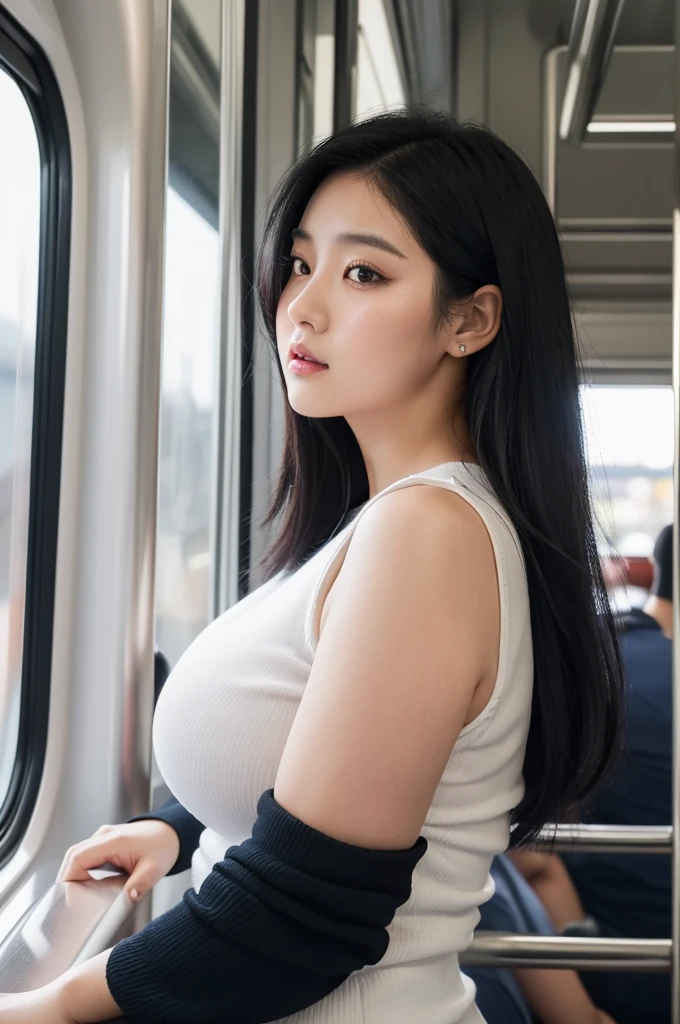 adult plump woman,dark black hair,27 years old,make up,(fair skin,thick upperarms:1.3),at train,crewneck white shirt,from side, sleeveless