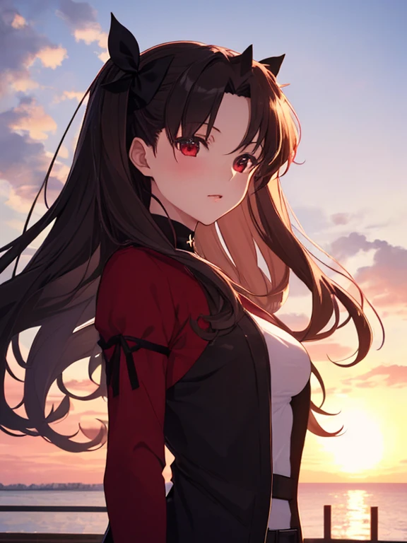 star, Morning Glow、seaside park, Tohsaka Rin, uhd, retina, masterpiece, ccurate, anatomically correct, textured skin, super detail, high details, high quality, best quality, highres, 4K