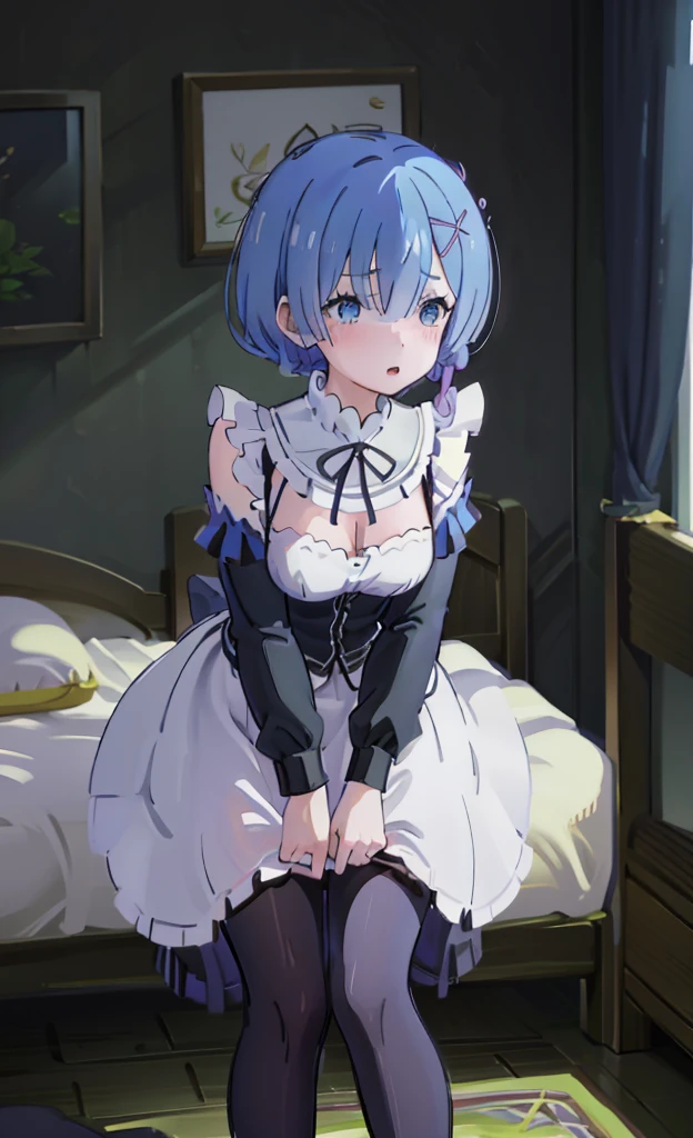 、On all fours、bra、I can see her panties、I can see the valley、dress、Leaning forward、On all fours、Blushing、、Glamorous expression、Blushing、Blue Hair、On the bed