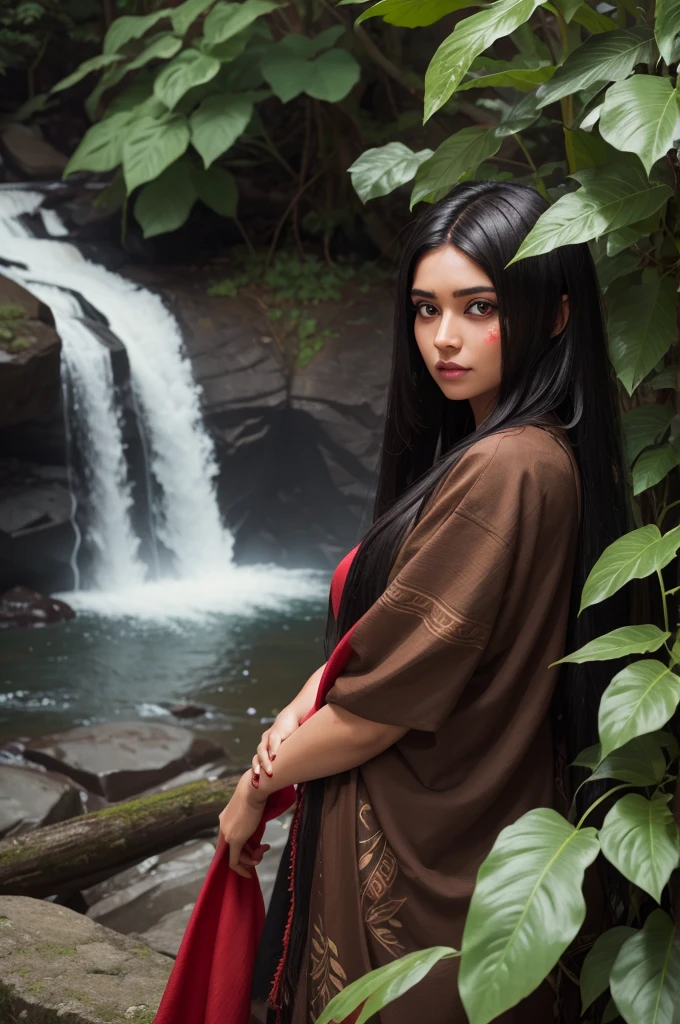 Create a brown woman with long, straight black hair looking at a waterfall wearing leafy clothes and red eye paint