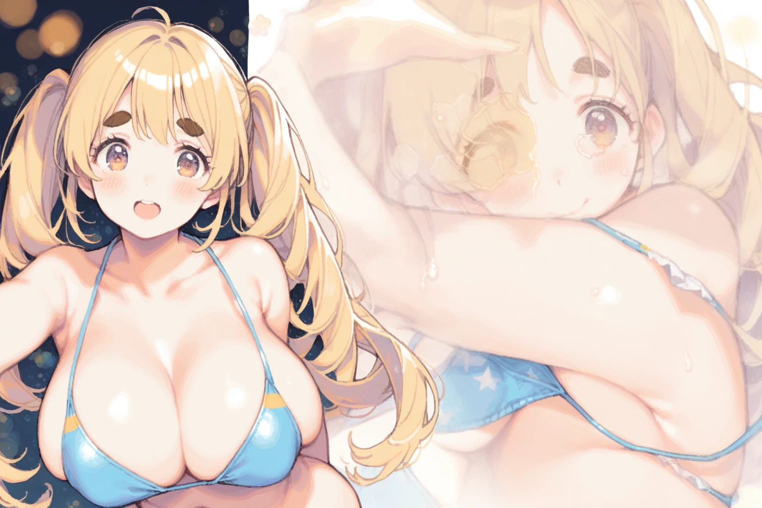1girl, swimsuit, (thick eyebrows), tareme, big tits, blonde hair, -very_long twin tails,,,,, tegaki, zoom layer,,,,, masterpiece, best quality, very aesthetic, emotional, harmonious, highly detailed, bokeh, grainy