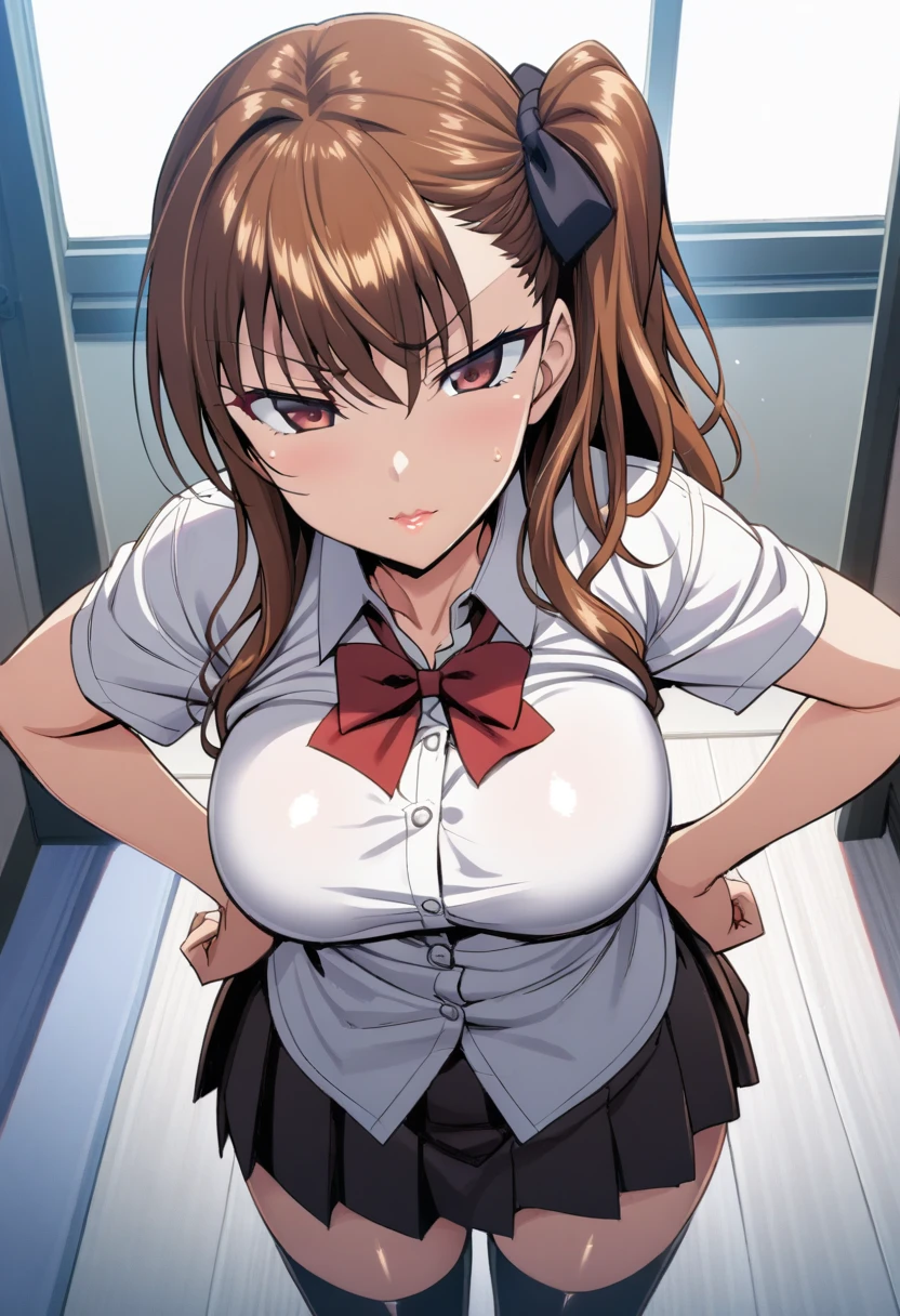 hmanga, (best quality, masterpiece:1.2), ultra detailed, (anime), 1girl, Izumi Nogami \(Ijirare Fukushuu Saimin\), brown hair, Side ponytail, brown eyes, large breasts, lips, white shirt,red bowtie, pleated_skirt, black skirt, black socks, standing, hands on hips, (front view),