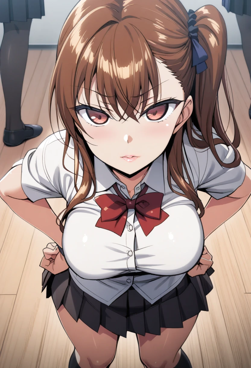 hmanga, (best quality, masterpiece:1.2), ultra detailed, (anime), 1girl, Izumi Nogami \(Ijirare Fukushuu Saimin\), brown hair, Side ponytail, brown eyes, large breasts, lips, white shirt,red bowtie, pleated_skirt, black skirt, black socks, standing, hands on hips, (front view),