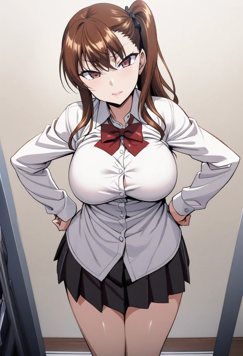 hmanga, (best quality, masterpiece:1.2), ultra detailed, (anime), 1girl, Izumi Nogami \(Ijirare Fukushuu Saimin\), brown hair, Side ponytail, brown eyes, large breasts, lips, white shirt,red bowtie, pleated_skirt, black skirt, black socks, standing, hands on hips, (front view),