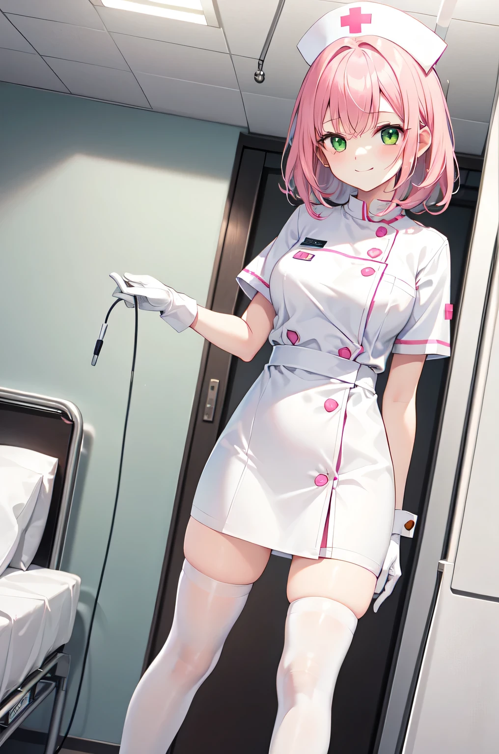 1girl, solo, nurse, white nurse cap, white nurse uniform, ((white legwear, zettai ryouiki)), white gloves, pink hair, green eyes, drooping eyes, smile, standing, ((hospital room)), sharp outline, short sleeves, best quality, masterpiece