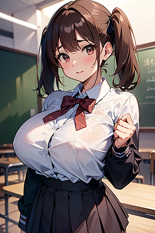 closeup upperbody,breasts focus,Looks bigger breasts,(bascule breasts:1.5),(Chewy breasts,tender breasts:1.3),blouse,(clothed breasts:1.4),(Floating up breasts:1.1),school blazer,(schooluniform),(Attract the attention of the public,crowd:1.3),(indoor:1.3),Twin tails,Brown Hair,Big ribbon,