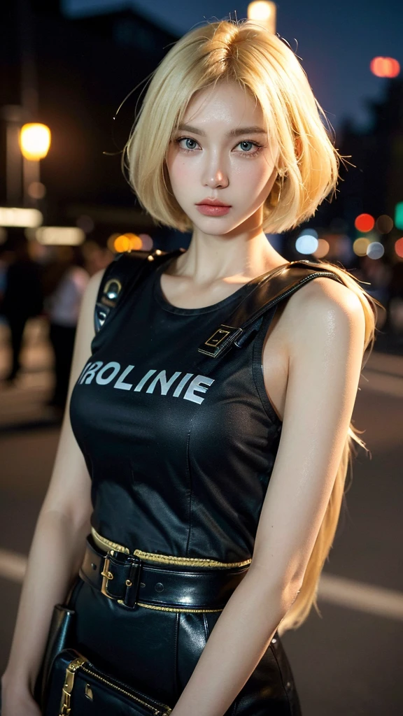 ((Best Quality, 8k, Masterpiece: 1.3)), Focus Sharp: 1.2, Outstanding Beauty: 1.4, (((Blonde, Big: 1.2)), police uniform: 1.1, (Night City, Street: 1.1), bob cut hairstyles, Highly Detailed Face and Skin Texture, Detailed Eyes, Double Eyelids, Gun,
