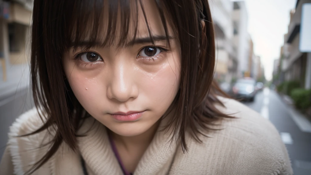 Crying adult girl、looking at the camera。