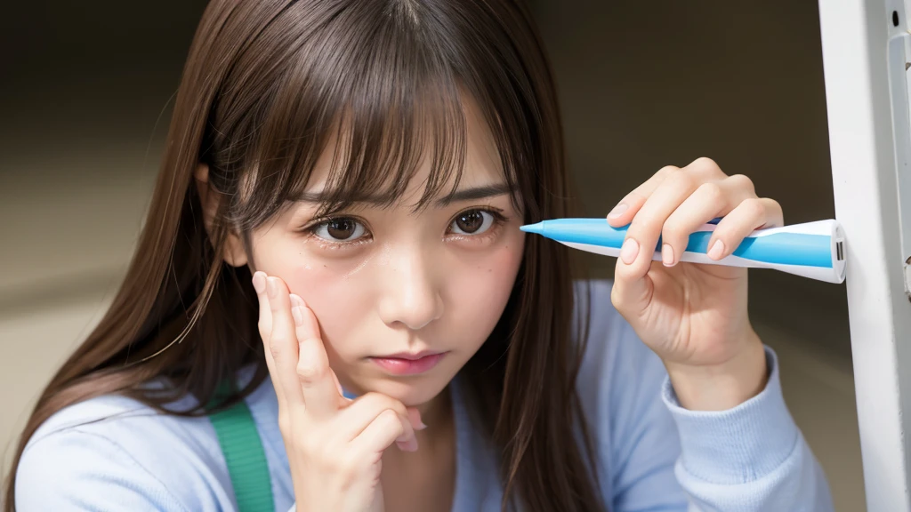 Crying adult girl、looking at the camera。