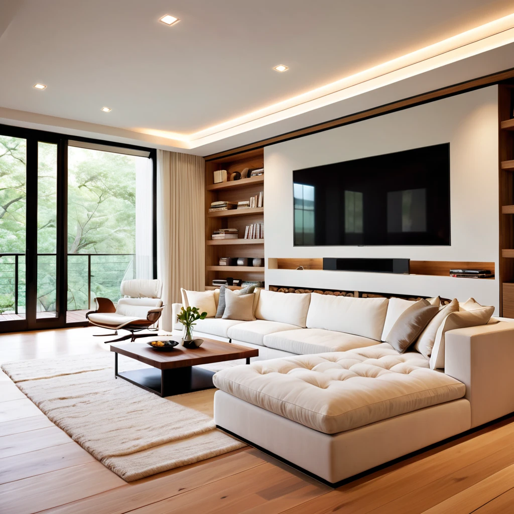 Create a contemporary and minimalistic living space that exudes elegance. The room should have a spacious white sectional sofa placed on a light wooden floor. Include a large, neutral-colored rug to add warmth to the space. The walls should be a light, soft hue to maintain the room's open and airy atmosphere. Mount a large flat-screen TV on the wall opposite the sofa, with a streamlined media console below. Integrate recessed lighting in the ceiling and along the wall edges for a cozy glow. Place a small, round wooden side table by the sofa to complement the overall design