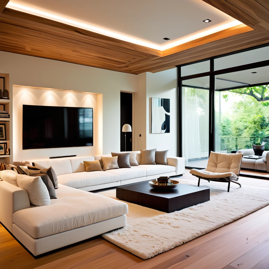 Create a contemporary and minimalistic living space that exudes elegance. The room should have a spacious white sectional sofa placed on a light wooden floor. Include a large, neutral-colored rug to add warmth to the space. The walls should be a light, soft hue to maintain the room's open and airy atmosphere. Mount a large flat-screen TV on the wall opposite the sofa, with a streamlined media console below. Integrate recessed lighting in the ceiling and along the wall edges for a cozy glow. Place a small, round wooden side table by the sofa to complement the overall design