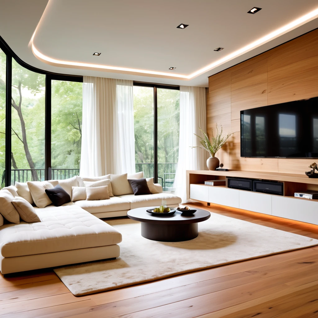 Create a contemporary and minimalistic living space that exudes elegance. The room should have a spacious white sectional sofa placed on a light wooden floor. Include a large, neutral-colored rug to add warmth to the space. The walls should be a light, soft hue to maintain the room's open and airy atmosphere. Mount a large flat-screen TV on the wall opposite the sofa, with a streamlined media console below. Integrate recessed lighting in the ceiling and along the wall edges for a cozy glow. Place a small, round wooden side table by the sofa to complement the overall design