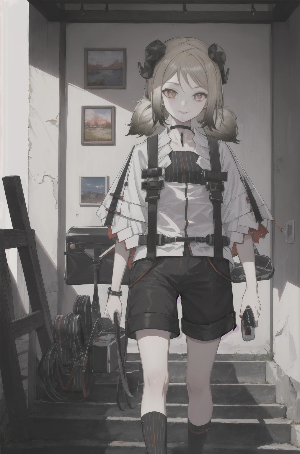8K,high resolution,absurd,masterpiece,best quality,The original,Extremely detailed CG,Extremely detailed wallpaper,Perfect lighting,1 Girl,Vague_background,
(hutaodef:1.2),Black shorts,black h在 with h在 ,Regular Clothes,smile,white background