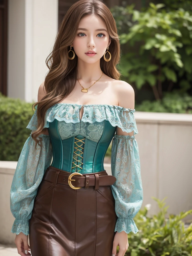 Create a detailed portrait of a young woman。She is fair-skinned and、She has long, wavy light brown hair.。With striking blue eyes、She is wearing an off-the-shoulder cream colored blouse with intricate lace detailing。Over the blouse, she wears a teal colored corset that accentuates her figure.、Decorated with a brown leather belt with a brass buckle。Jewelry、Gold necklace with a large green gemstone、Same green earrings、She also wears a decorative hair clip in the same color as the corset.。Background、It's a soft pastel gradient that gives a subtle contrast to her outfit.。The lighting is soft and uniform、This will highlight her delicate features but won't cast harsh shadows.。His expression is full of confidence、Be gentle、There's a slight smile on your lips。The camera angle is from the front、Captures from the waist up。Her clothing and jewelry are detailed with textures.、Reflect high craftsmanship。