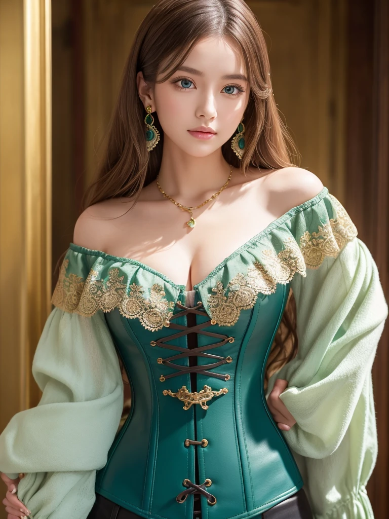 Create a detailed portrait of a young woman。She is fair-skinned and、She has long, wavy light brown hair.。With striking blue eyes、She is wearing an off-the-shoulder cream colored blouse with intricate lace detailing。Over the blouse, she wears a teal colored corset that accentuates her figure.、Decorated with a brown leather belt with a brass buckle。Jewelry、Gold necklace with a large green gemstone、Same green earrings、She also wears a decorative hair clip in the same color as the corset.。Background、It's a soft pastel gradient that gives a subtle contrast to her outfit.。The lighting is soft and uniform、This will highlight her delicate features but won't cast harsh shadows.。His expression is full of confidence、Be gentle、There's a slight smile on your lips。The camera angle is from the front、Captures from the waist up。Her clothing and jewelry are detailed with textures.、Reflect high craftsmanship。