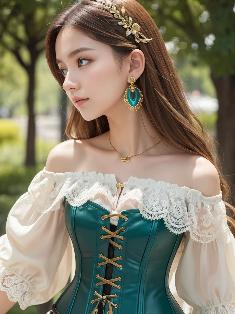 Create a detailed portrait of a young woman。She is fair-skinned and、She has long, wavy light brown hair.。With striking blue eyes、She is wearing an off-the-shoulder cream colored blouse with intricate lace detailing。Over the blouse, she wears a teal colored corset that accentuates her figure.、Decorated with a brown leather belt with a brass buckle。Jewelry、Gold necklace with a large green gemstone、Same green earrings、She also wears a decorative hair clip in the same color as the corset.。Background、It&#39;s a soft pastel gradient that gives a subtle contrast to her outfit.。The lighting is soft and uniform、This will highlight her delicate features but won&#39;t cast harsh shadows.。His expression is full of confidence、Be gentle、There&#39;s a slight smile on your lips。The camera angle is from the front、Captures from the waist up。Her clothing and jewelry are detailed with textures.、Reflect high craftsmanship。